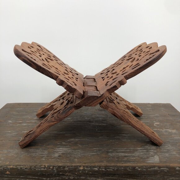 Vintage Teak Wood Book Holder Stand Hand Carved Floral Leaf Design Folding Decor - Picture 6 of 12